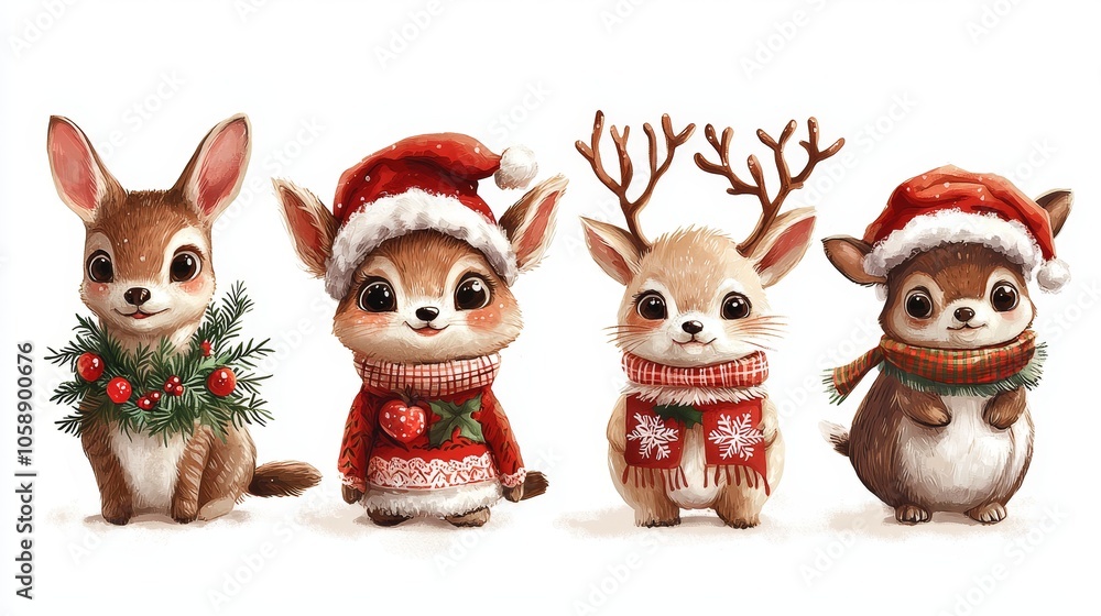 Fototapeta premium Adorable Baby Animals in Festive Holiday Outfits with Antlers