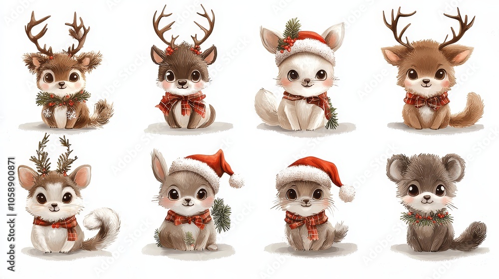 Fototapeta premium Adorable Baby Deer Animals Dressed in Christmas Outfits
