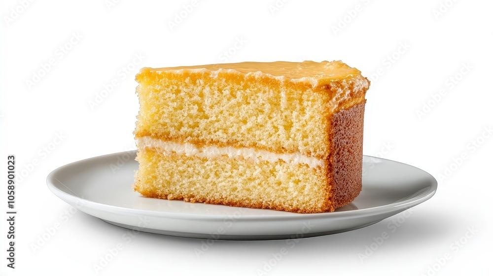 Delicious lemon sponge cake with cream filling on white plate Delicious lemon sponge cake with cream filling on white plate