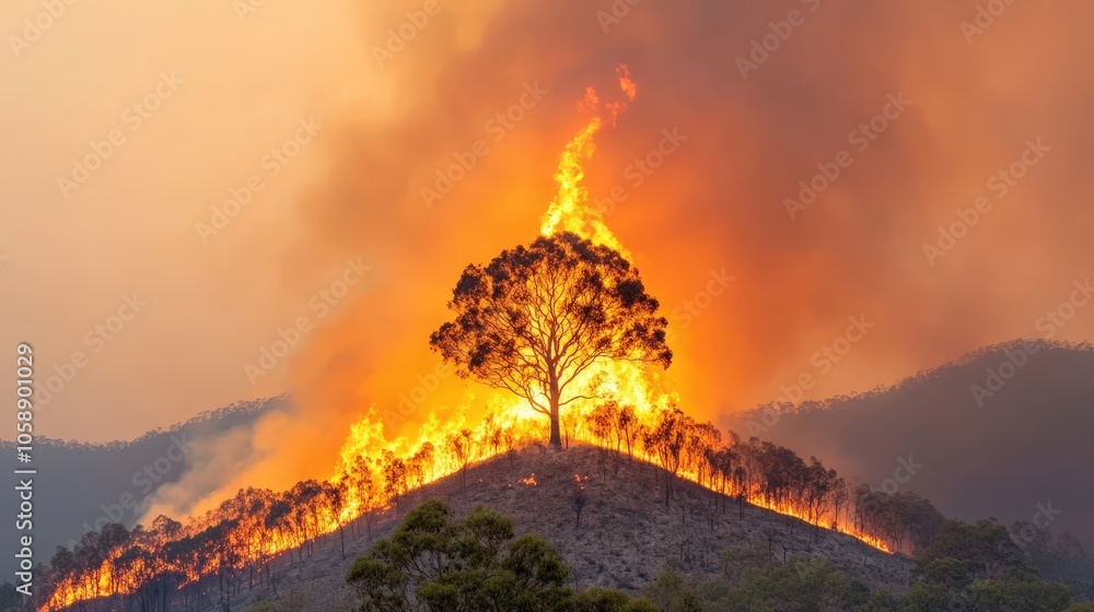 Fototapeta premium Resilient Tree Amidst Forest Fire Blaze and Smoke at Sunset