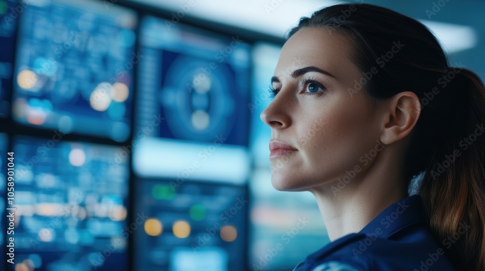 Focused Female Air Traffic Controller in Uniform Focused Female Air Traffic Controller in Uniform