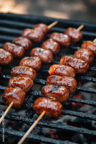 Close-up of grilled meat on skewers photo