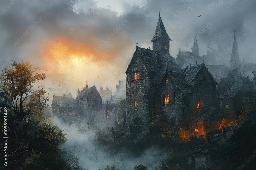 A Mystical Village Bathed in Twilight Fog with a Warm Sunset Glow A Mystical Village Bathed in Twilight Fog with a Warm Sunset Glow