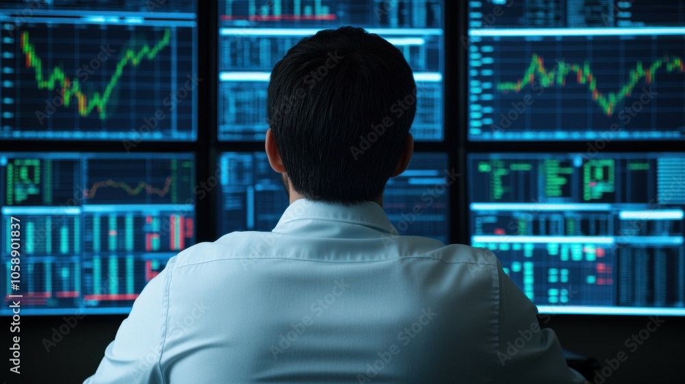 Financial Advisor in Dark Room with Data Screens Financial Advisor in Dark Room with Data Screens