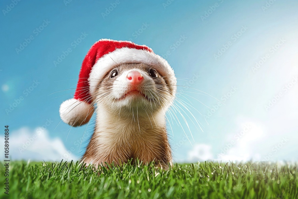 Obraz premium Adorable Ferret Wearing a Santa Hat Sitting in a Grassy Field