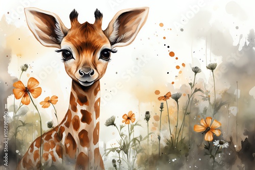 Adorable baby giraffe with large brown eyes and spots looking at camera with yellow flowers and green grass in background.
