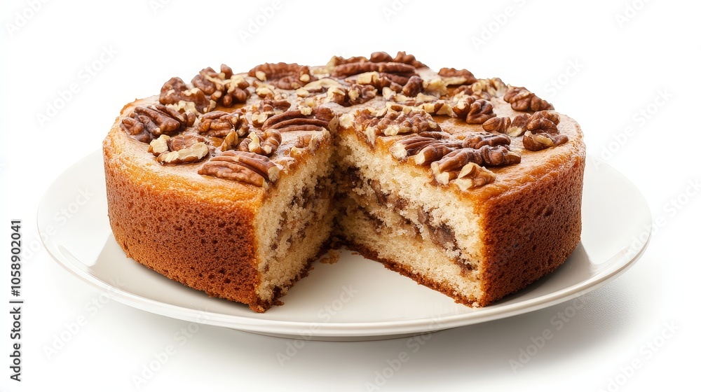 Homemade pecan coffee cake with nutty topping on white plate Homemade pecan coffee cake with nutty topping on white plate