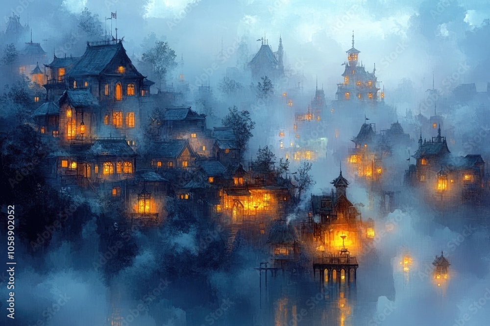 A Misty Evening in a Village with Illuminated Windows