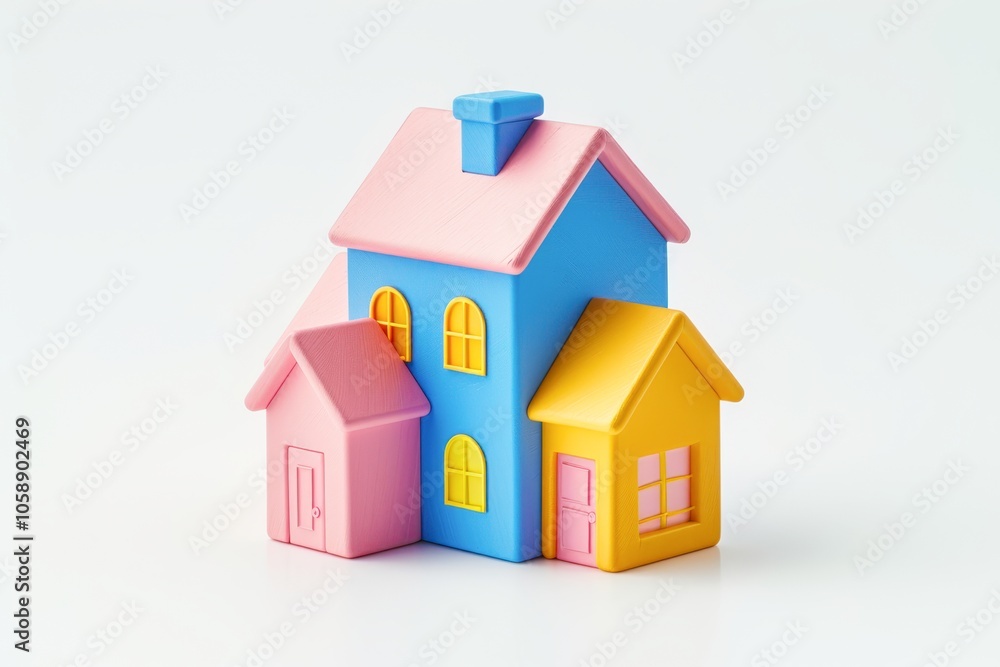 Colorful toy houses in pink, blue, and yellow arranged together on a white background, perfect for concepts of home, childhood, or real estate marketing, Ideal for educational materials and design, Colorful toy houses in pink, blue, and yellow arranged together on a white background, perfect for concepts of home, childhood, or real estate marketing, Ideal for educational materials and design,