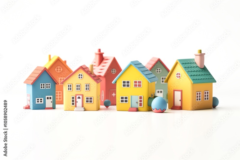 Colorful miniature houses arranged on a white background, ideal for concepts of home, real estate, or community, Suitable for children's education, marketing, or decorating spaces, Colorful miniature houses arranged on a white background, ideal for concepts of home, real estate, or community, Suitable for children's education, marketing, or decorating spaces,
