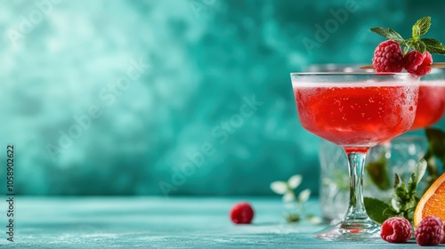 This image features an elegant raspberry cocktail served in a refined glass, complete with a delicate mint garnish, ideal for enjoying a sophisticated evening. photo