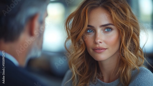 Close-up portrait of a beautiful woman with blue eyes and long wavy hair, looking directly at the camera with a soft smile.