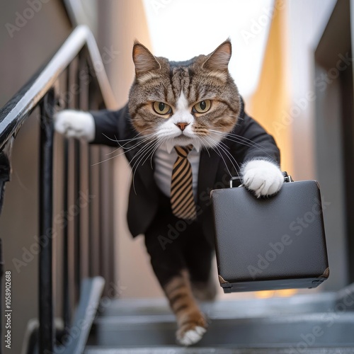 Ambitious Cat in Suit Dashing Down the Stairs in a Hurry at the Office