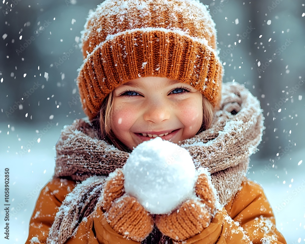 Joyful Kid Holding Snowball with Rosy Glowing Cheeks in Snowy Winter Portrait Joyful Kid Holding Snowball with Rosy Glowing Cheeks in Snowy Winter Portrait