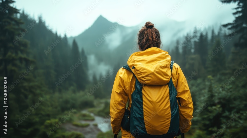 A person in a yellow jacket hikes through a mist-covered forest trail, surrounded by dense trees and mountains, capturing the essence of adventure and exploration. A person in a yellow jacket hikes through a mist-covered forest trail, surrounded by dense trees and mountains, capturing the essence of adventure and exploration.