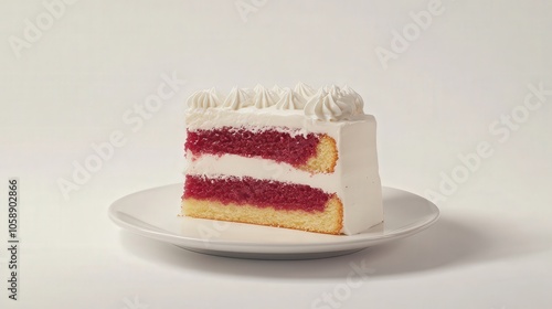 Delicious slice of red velvet cake on white plate against minimalist background photo