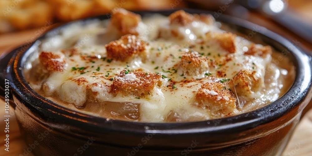 A close view of mouthwatering French onion soup topped with gooey melted cheese and crunchy croutons, showcasing a fantastic idea for a gourmet dessert. A close view of mouthwatering French onion soup topped with gooey melted cheese and crunchy croutons, showcasing a fantastic idea for a gourmet dessert.