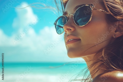 Fototapeta Naklejka Na Ścianę i Meble -  Woman on Beach with Sunglasses