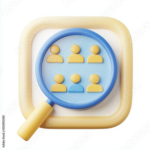 3D icon of team hiring with magnifying glass accent on white background --v 6.1 Job ID: 60b68a2d-25d2-4a07-a5f6-435c8bf37c87 photo