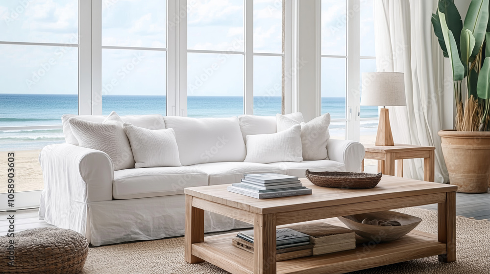 Fototapeta premium Interior design of modern beachside living room with ocean view and natural decor