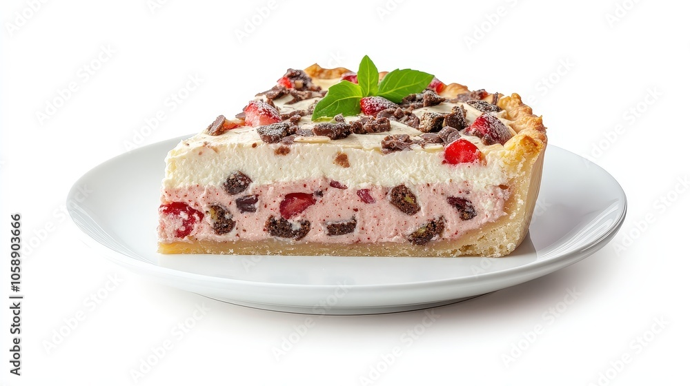 Delicious strawberry chocolate cream pie with mint garnish on white plate Delicious strawberry chocolate cream pie with mint garnish on white plate