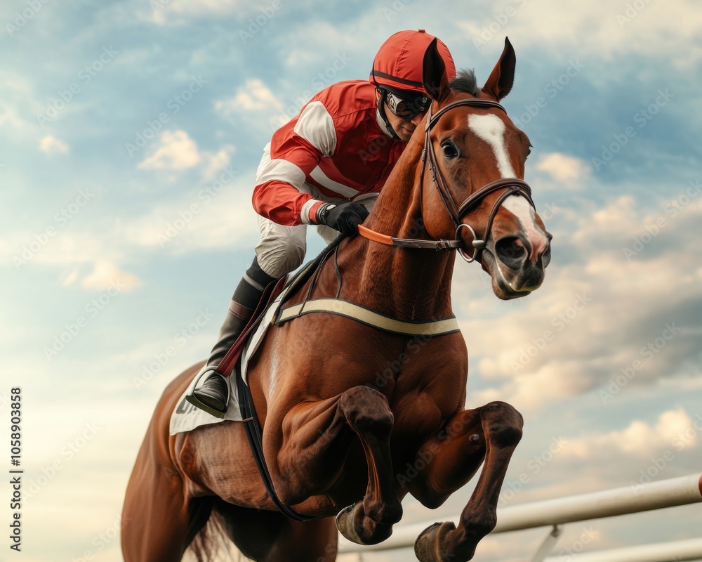 Horse and Jockey Jumping Over a Steeple Hurdle