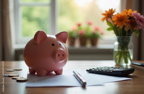 A pink piggy bank stands on a desktop against the backdrop of a cozy window and a vase of flowers, documents, coins or money, a pen and a calculator lie nearby