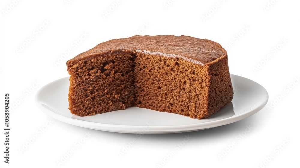 Delicious homemade chocolate sponge cake on white plate with slice removed Delicious homemade chocolate sponge cake on white plate with slice removed
