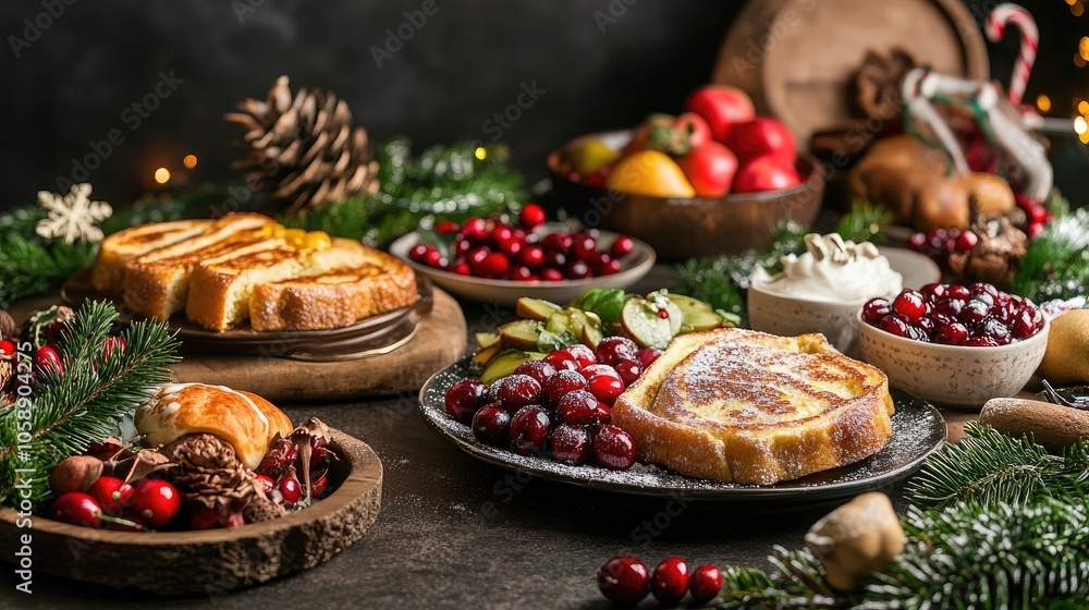Delightful Christmas breakfast table with scrumptious French toast, aromatic sweet spices, creamy cranberry, and a variety of fresh fruits, providing an inviting photo style with ample copy space. Delightful Christmas breakfast table with scrumptious French toast, aromatic sweet spices, creamy cranberry, and a variety of fresh fruits, providing an inviting photo style with ample copy space.