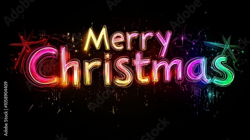 Bright and Colorful Neon Merry Christmas Message with Glowing Lights and Fireworks Display