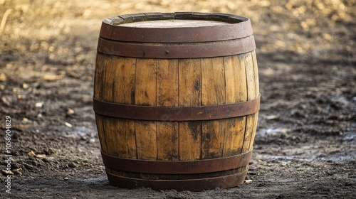 Weathered old wooden barrel rests on the ground, embodying the essence of vintage aged wood. This old wooden barrel represents rustic charm and timeless appeal, with ample copy space. photo