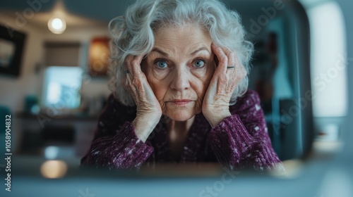 Close-up portrait of an elderly woman indoors, deeply engaged in thought, with her hands framing her face, capturing introspection and experience. photo