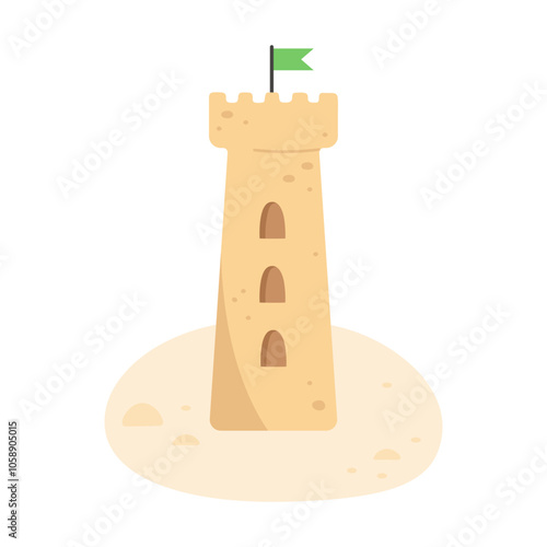 Sandcastle with flag on the beach in flat style