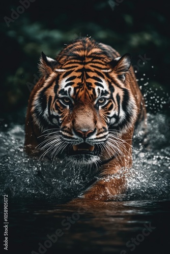 Tiger running in water photo