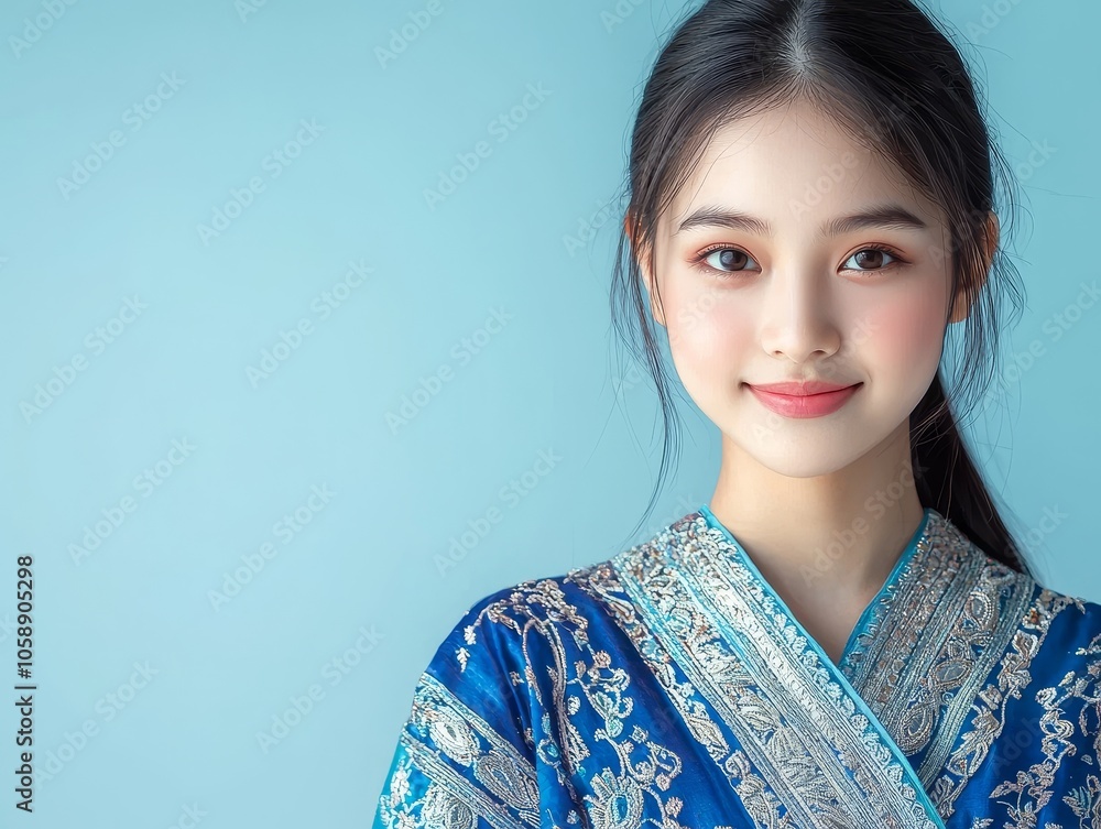 Captivating Asian Woman in Traditional Blue and Silver Patterned Dress Captivating Asian Woman in Traditional Blue and Silver Patterned Dress