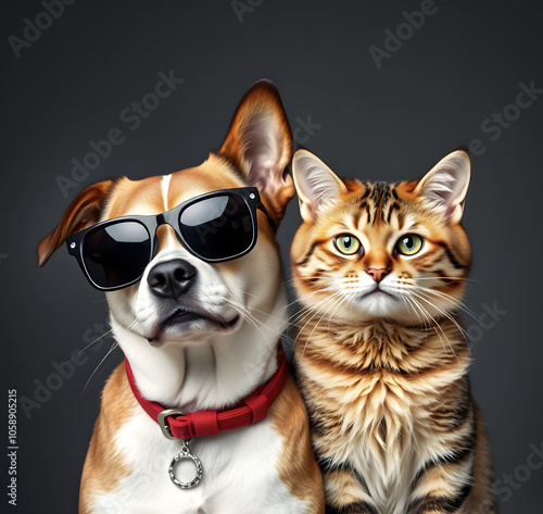 Cool companions: a funny moment with a dog and a cat in sunglasses.