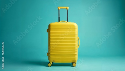 A vibrant yellow suitcase with a black handle and wheels against a blue background
