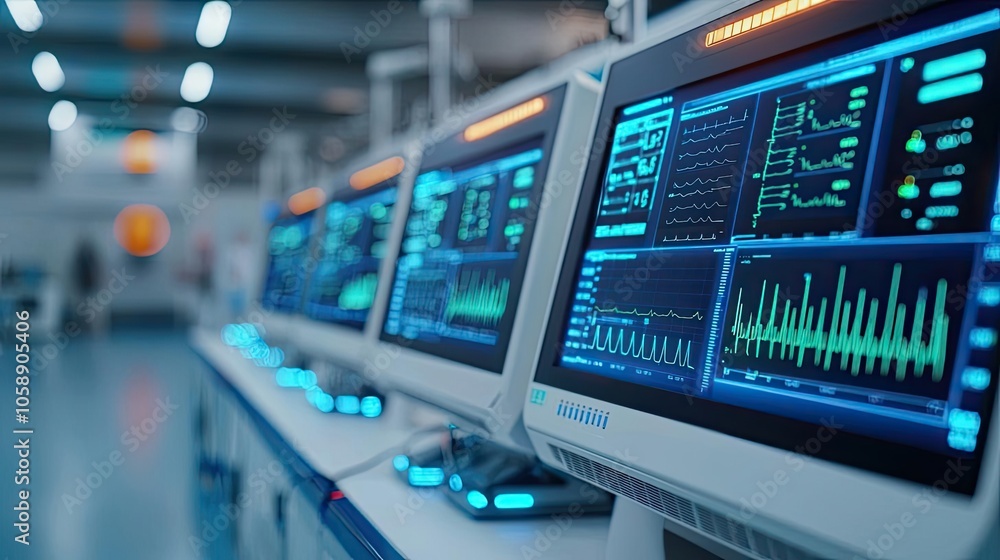 High-tech medical monitors displaying vital health data in a clinical setting.