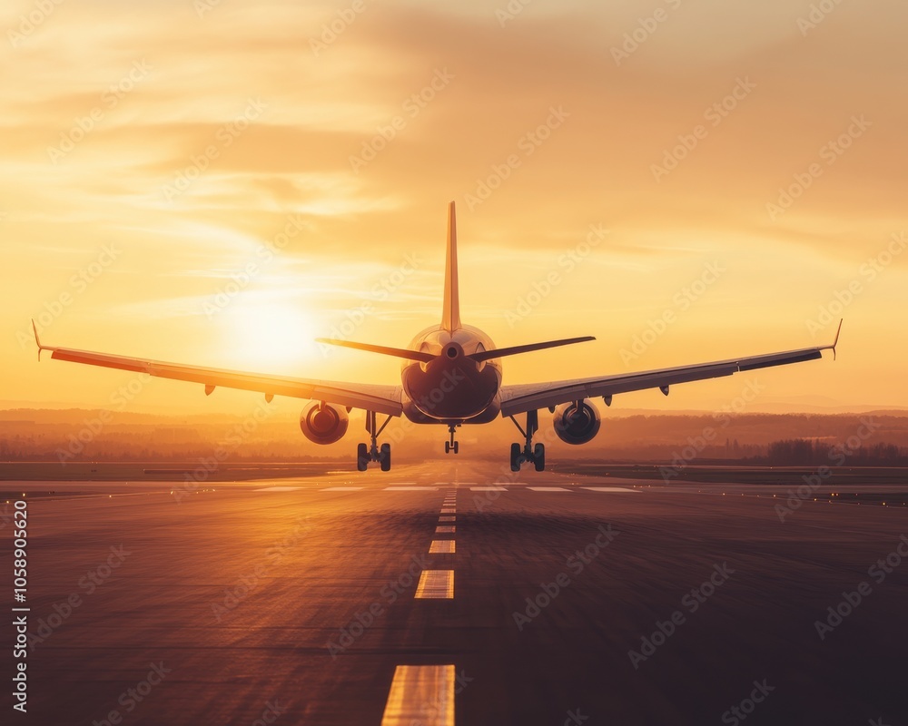 Jet Airliner Ascending from Sunlit Runway at Sunset Jet Airliner Ascending from Sunlit Runway at Sunset