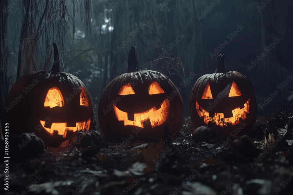 Glowing jack-o'-lanterns in a spooky forest at night Glowing jack-o'-lanterns in a spooky forest at night