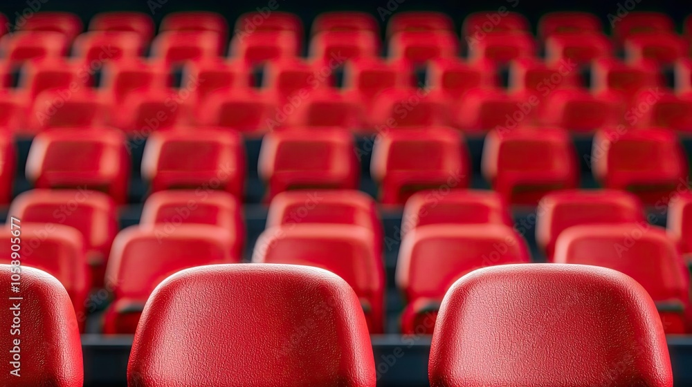 Red theater seats in a row, perfect for movie screenings and events. Red theater seats in a row, perfect for movie screenings and events.