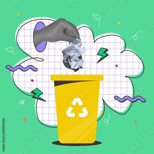 Trendy collage art with hand throwing paper to the bin. Recycle reuse and reduce. Zero waste lifestyle and sustainability concept.Different abstract shapes.Vector