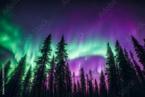 Aurora borealis over a forest vibrant green and purple lights dancing in the sky, AI Generated