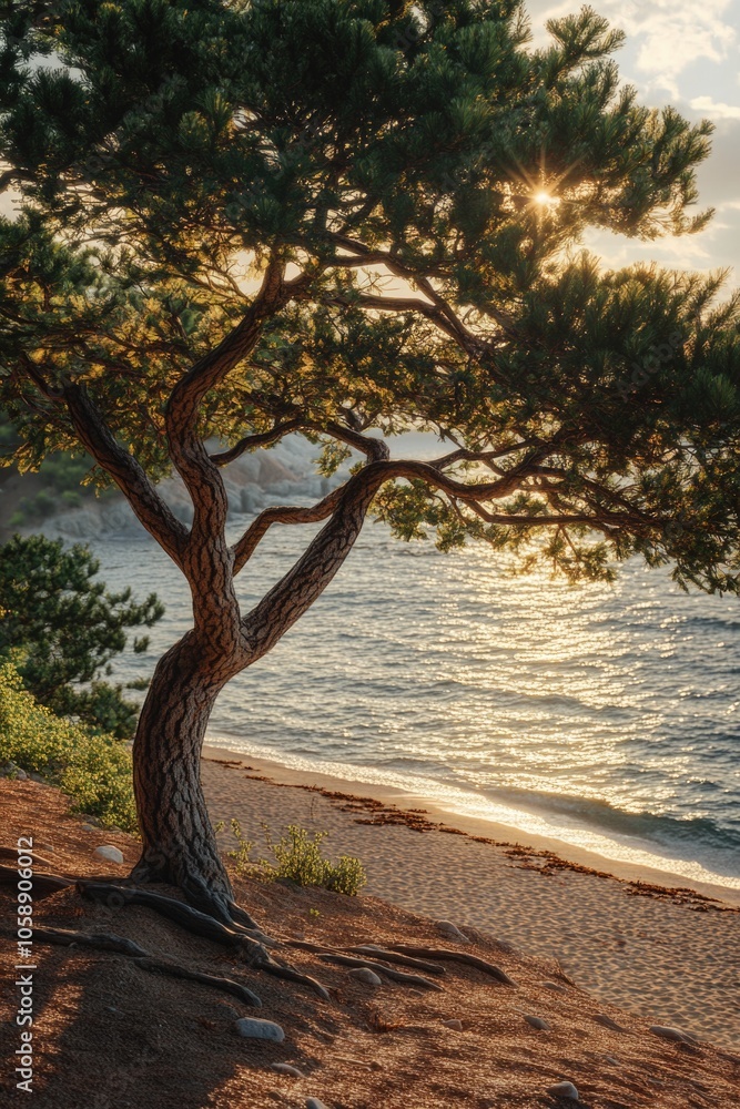 Beach Sunset with Tree Silhouette Beach Sunset with Tree Silhouette