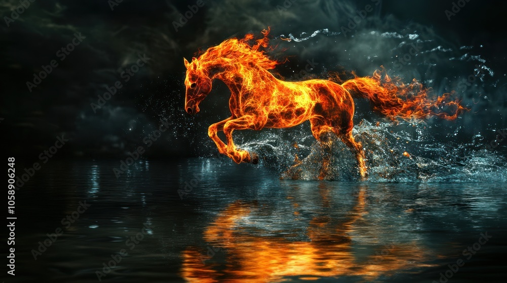 Fiery Horse Running Through Water Fiery Horse Running Through Water
