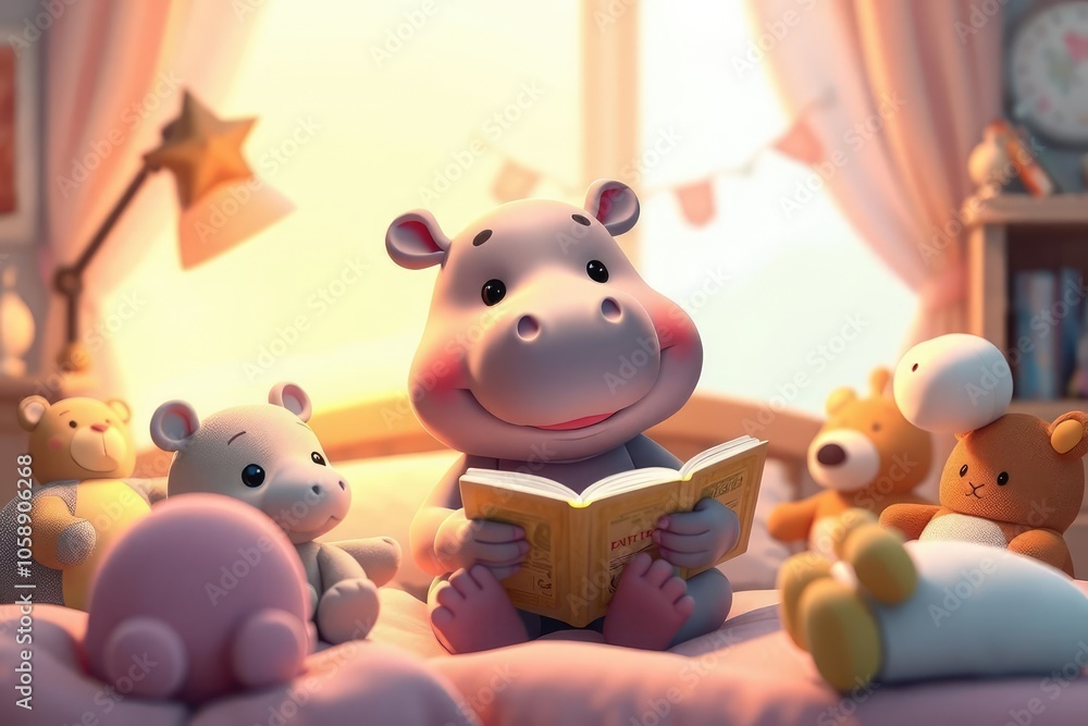 Obraz premium Cute Hippo Reading a Book in a Cozy Room
