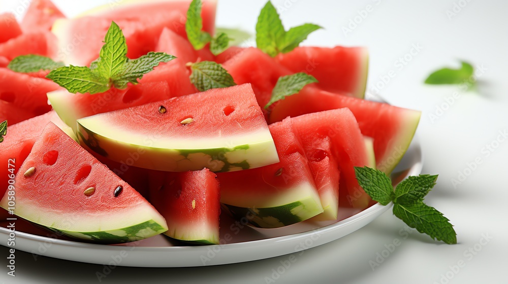 Close-up of a plate with fresh watermelon slices and mint leaves. Close-up of a plate with fresh watermelon slices and mint leaves.
