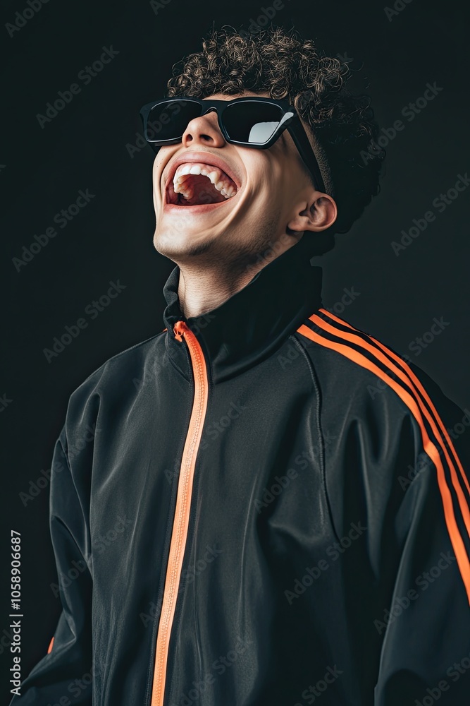in black sunglasses in a tracksuit on a plain background. strong happy emotions. laughter. different tones dark black background. in black sunglasses in a tracksuit on a plain background. strong happy emotions. laughter. different tones dark black background.