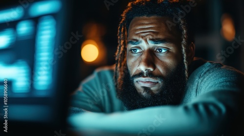 A bearded man in a dim room looks at a glowing computer screen, deep in thought, showcasing concentration and modern-day work life.