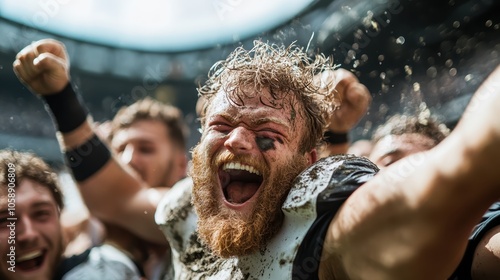 A jubilant football player, caked in mud and sweat, celebrates a hard-won victory with ecstatic teammates in the background, demonstrating pure joy and camaraderie. photo